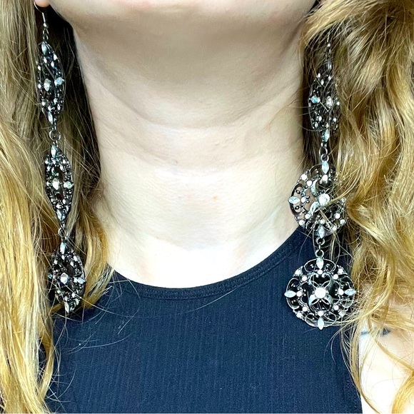 Extra Long Black Dangle Earrings With Crystal Accents - Picture 4 of 4